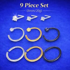 8mm/20g Silver Black Gold Stainless Steel Hypo 9 Pc Hoop Stud CZ Nose Ring Set